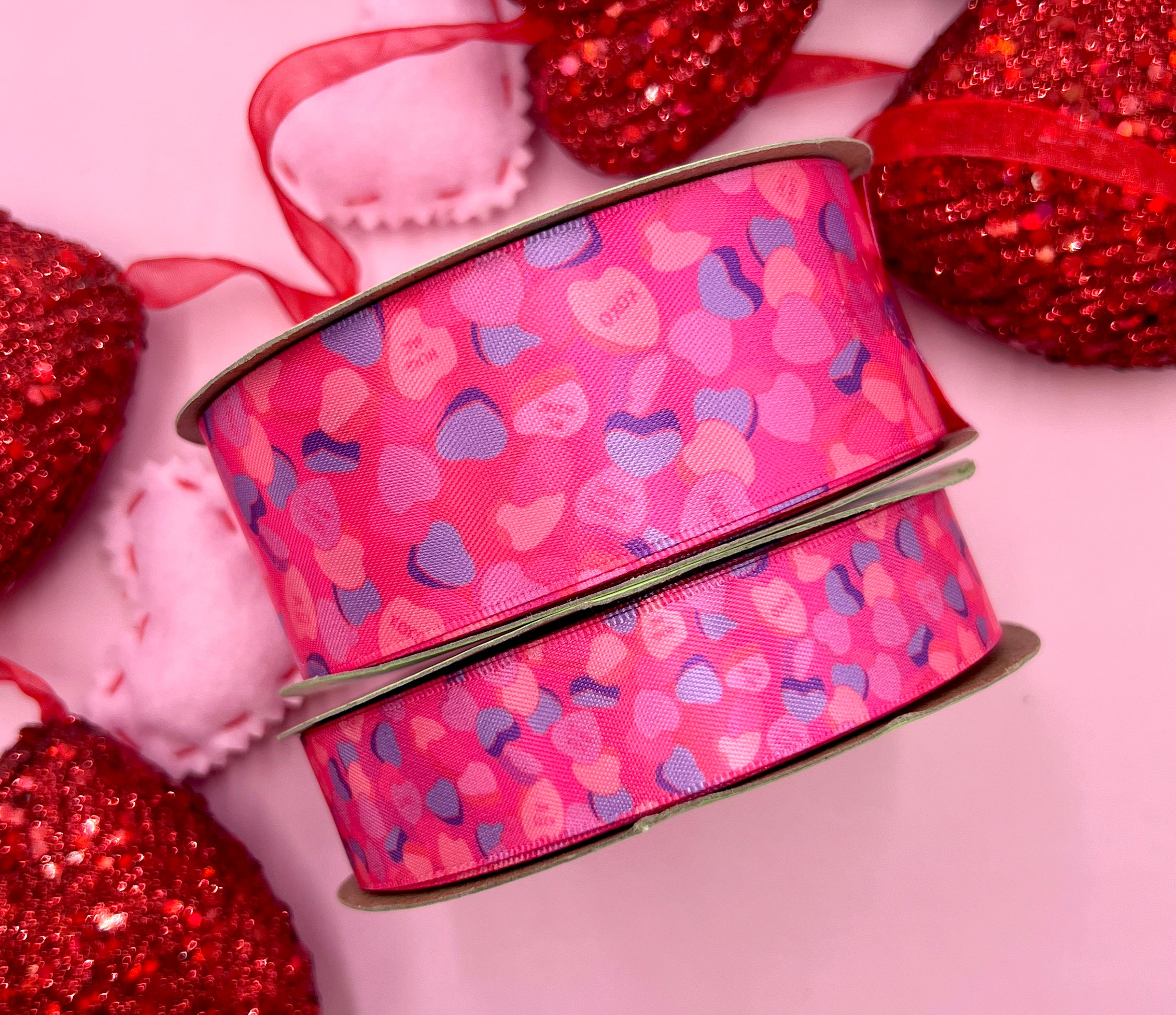 Candy Hearts ribbon candy hearts in pink, purple, lavender and red tos