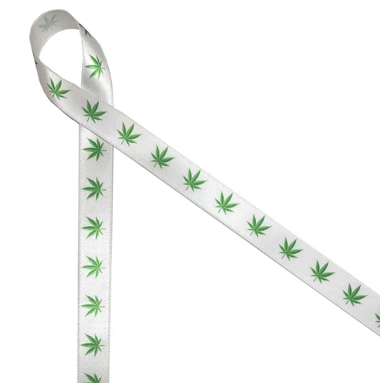 Marijuana leaves in shades of green printed on 5/8" white single face satin ribbon is an ideal ribbon for packaging CBD products! This is an ideal ribbon for packaging, gift wrap and retail display purposes! All our ribbon is designed and printed in the USA