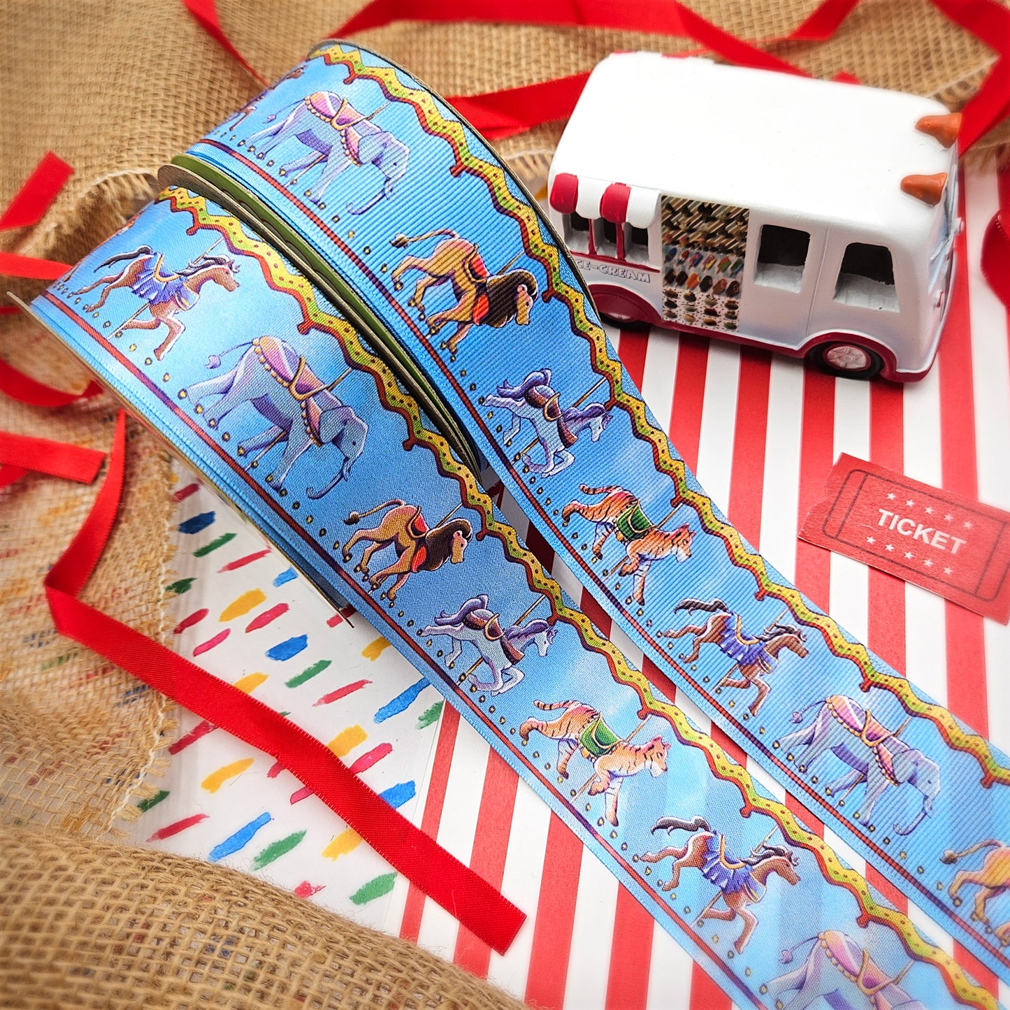 Carousel Ribbon with Darby Horses and circus animals printed on 1.5" satin and grosgrain