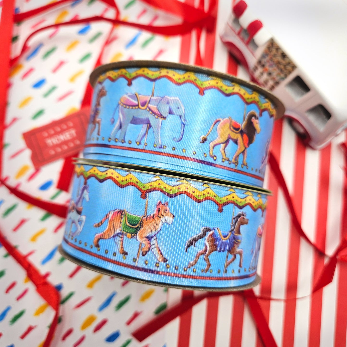 Carousel Ribbon with Darby Horses and circus animals printed on 1.5" satin and grosgrain