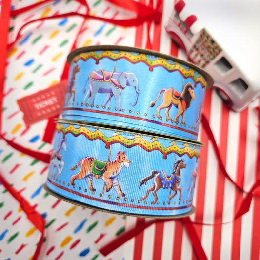 Carousel Ribbon with Darby Horses and circus animals printed on 1.5" satin and grosgrain