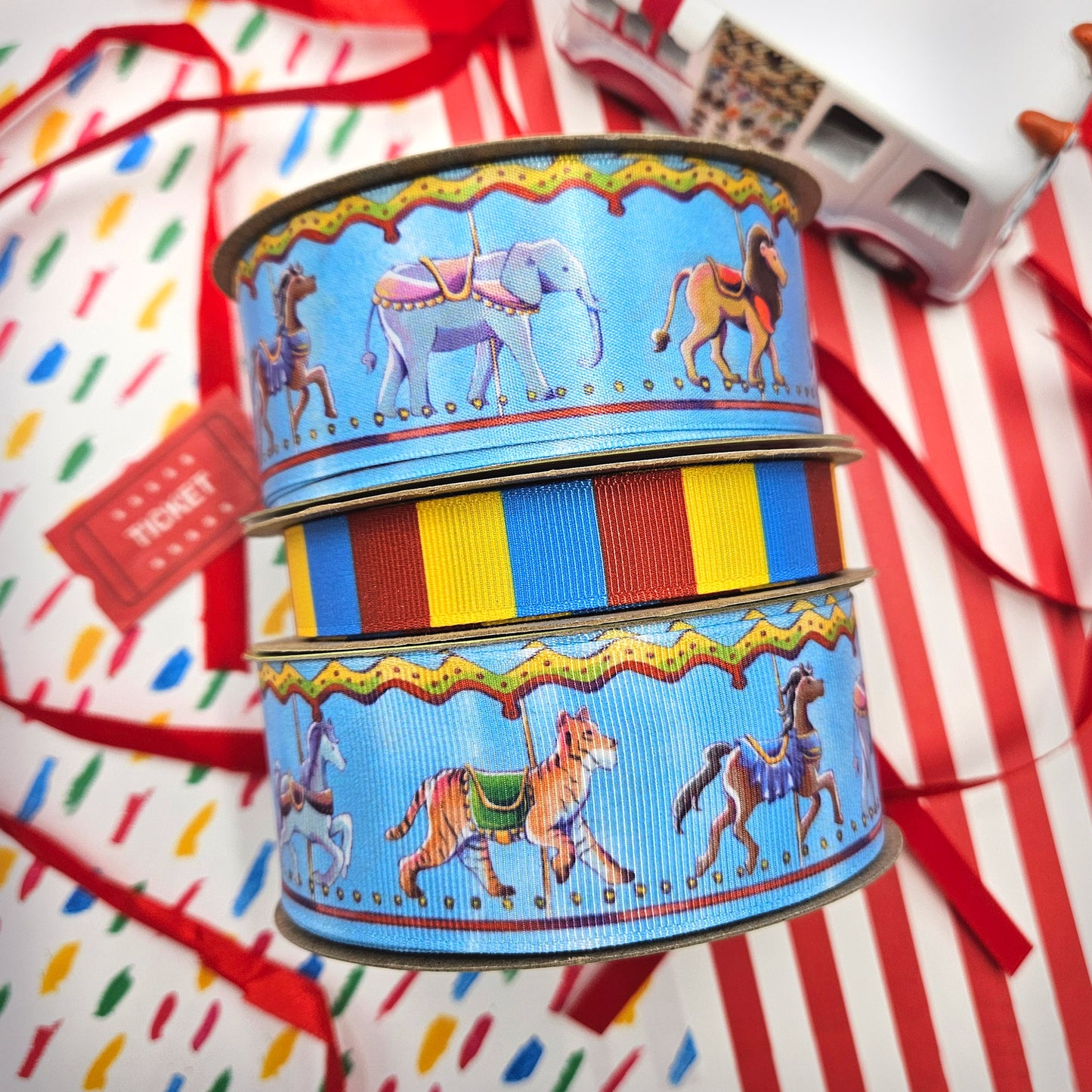 Carousel Ribbon with Darby Horses and circus animals printed on 1.5" satin and grosgrain