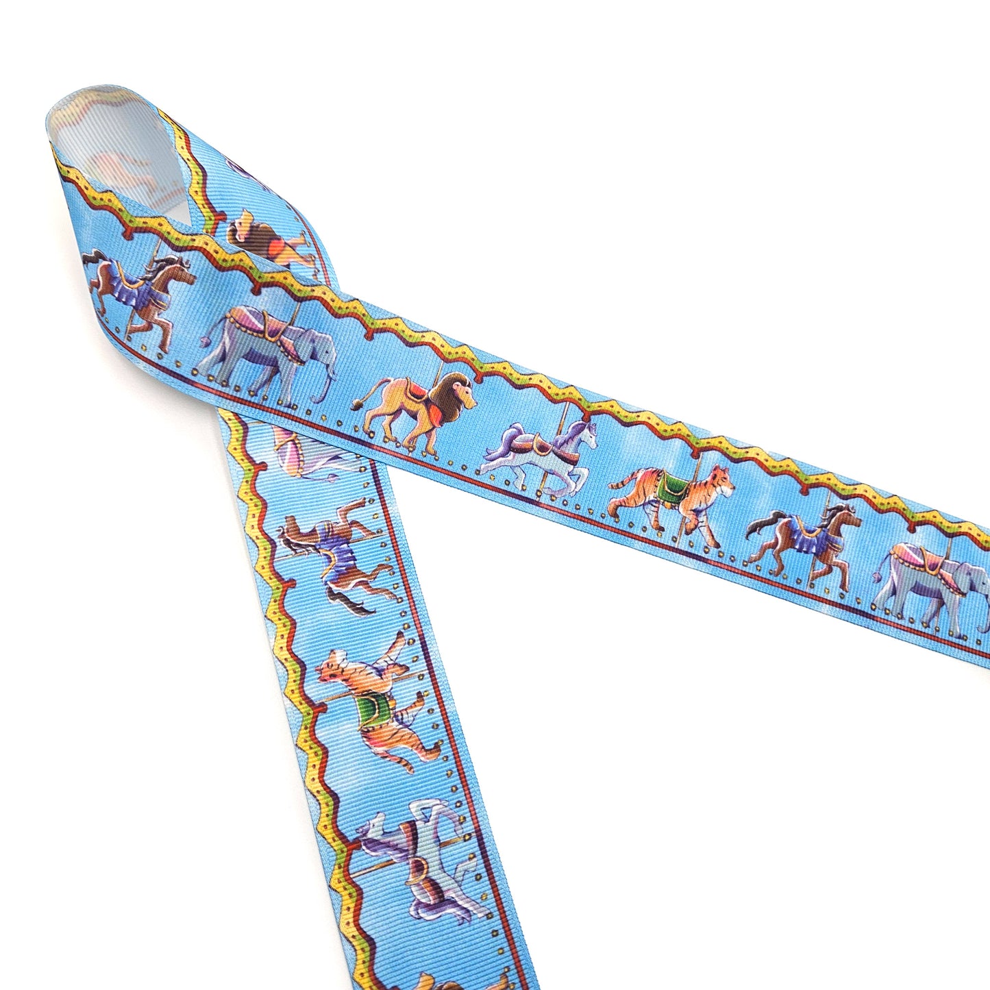 Carousel Ribbon with Darby Horses and circus animals printed on 1.5" satin and grosgrain