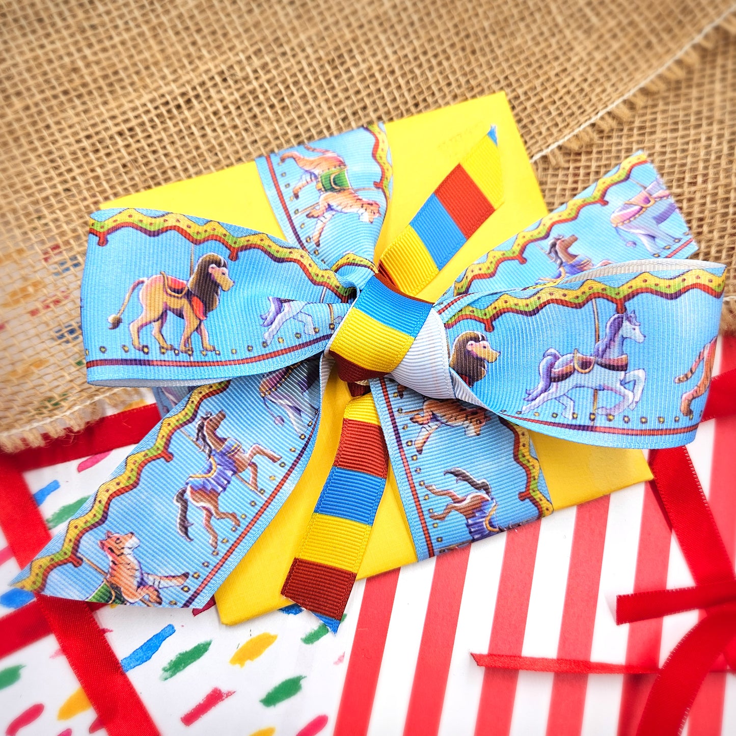 Carousel Ribbon with Darby Horses and circus animals printed on 1.5" satin and grosgrain