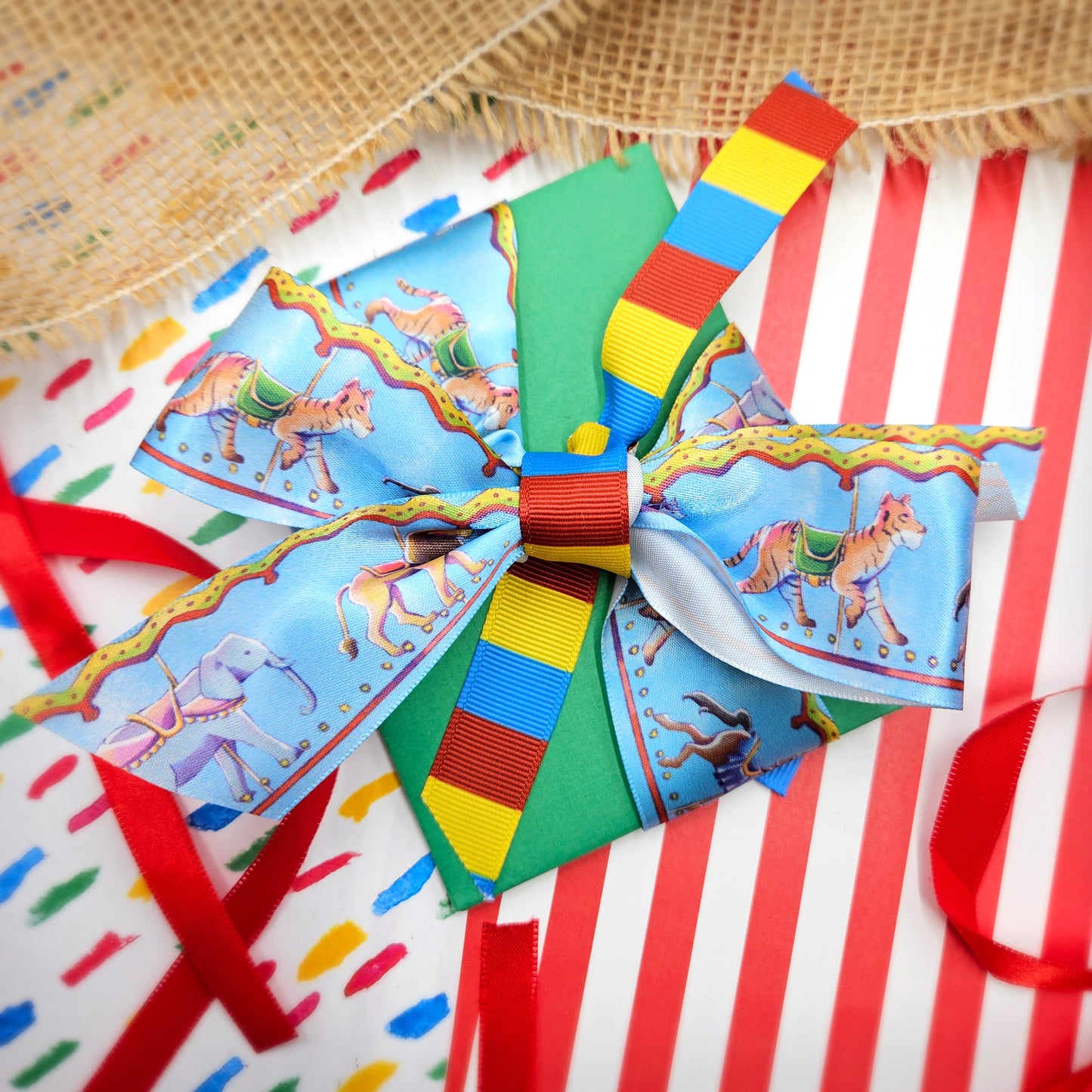 Carousel Ribbon with Darby Horses and circus animals printed on 1.5" satin and grosgrain