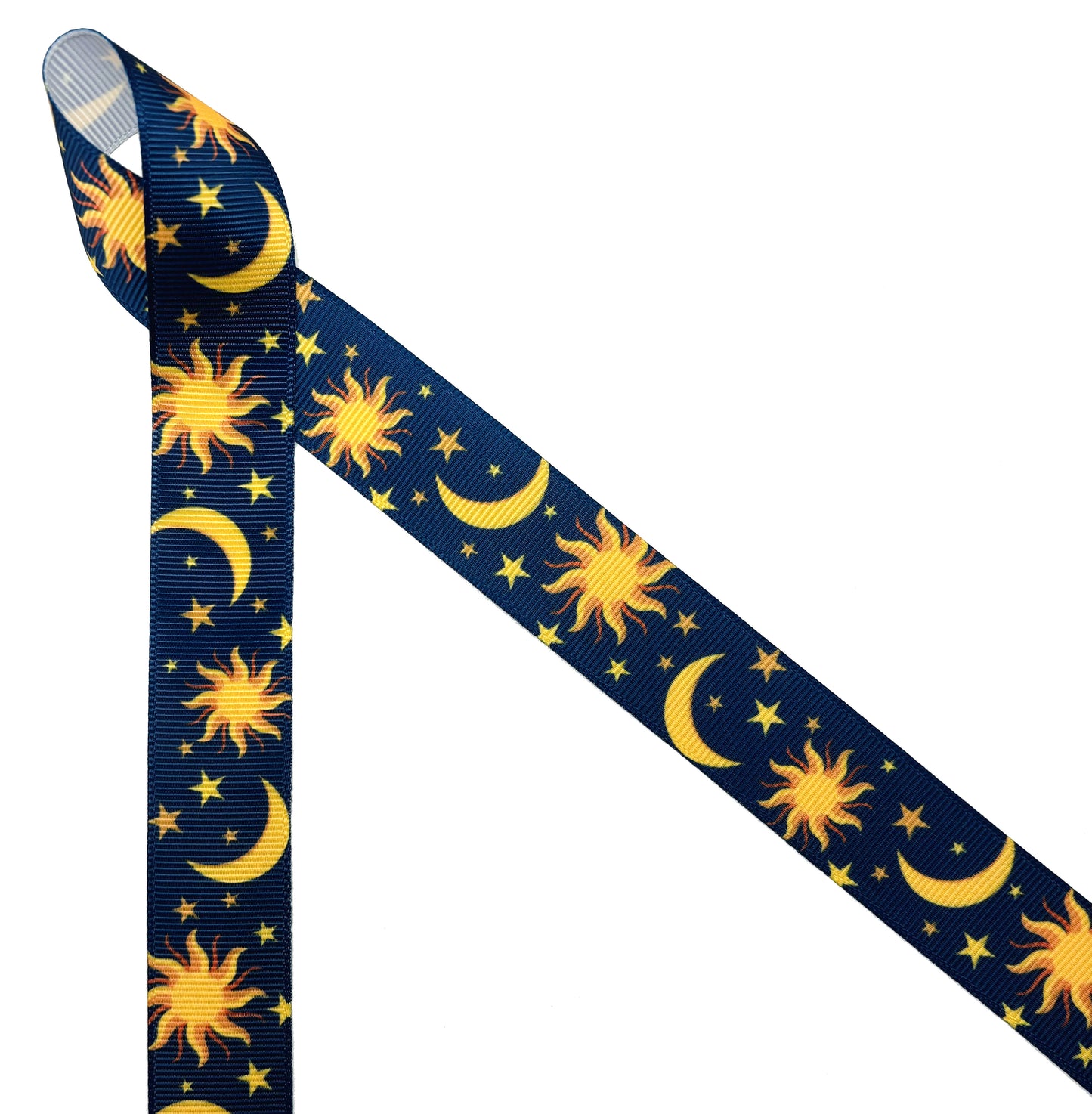 Celestial Ribbon with navy background on 5/8" white single face satin