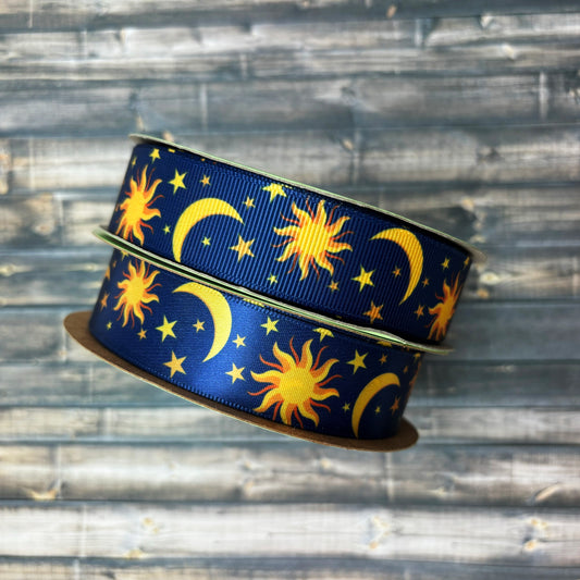 Celestial Ribbon with navy background on 5/8" white single face satin