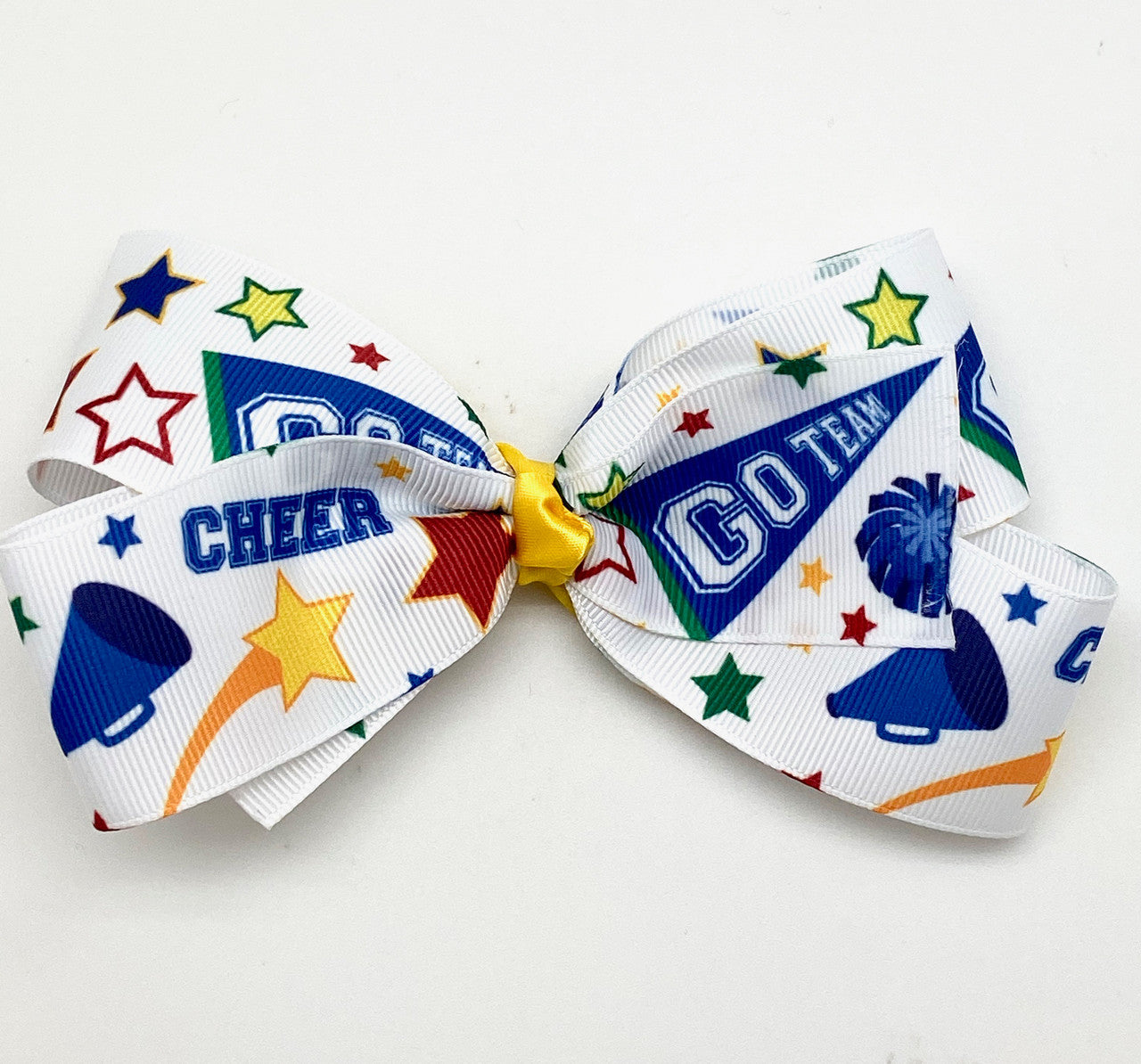 This fun cheerleading ribbon printed on 1.5" white grosgrain makes such a fun cheer bow! Keep the cheerleading spirit by making one of these for your favorite cheerleader!