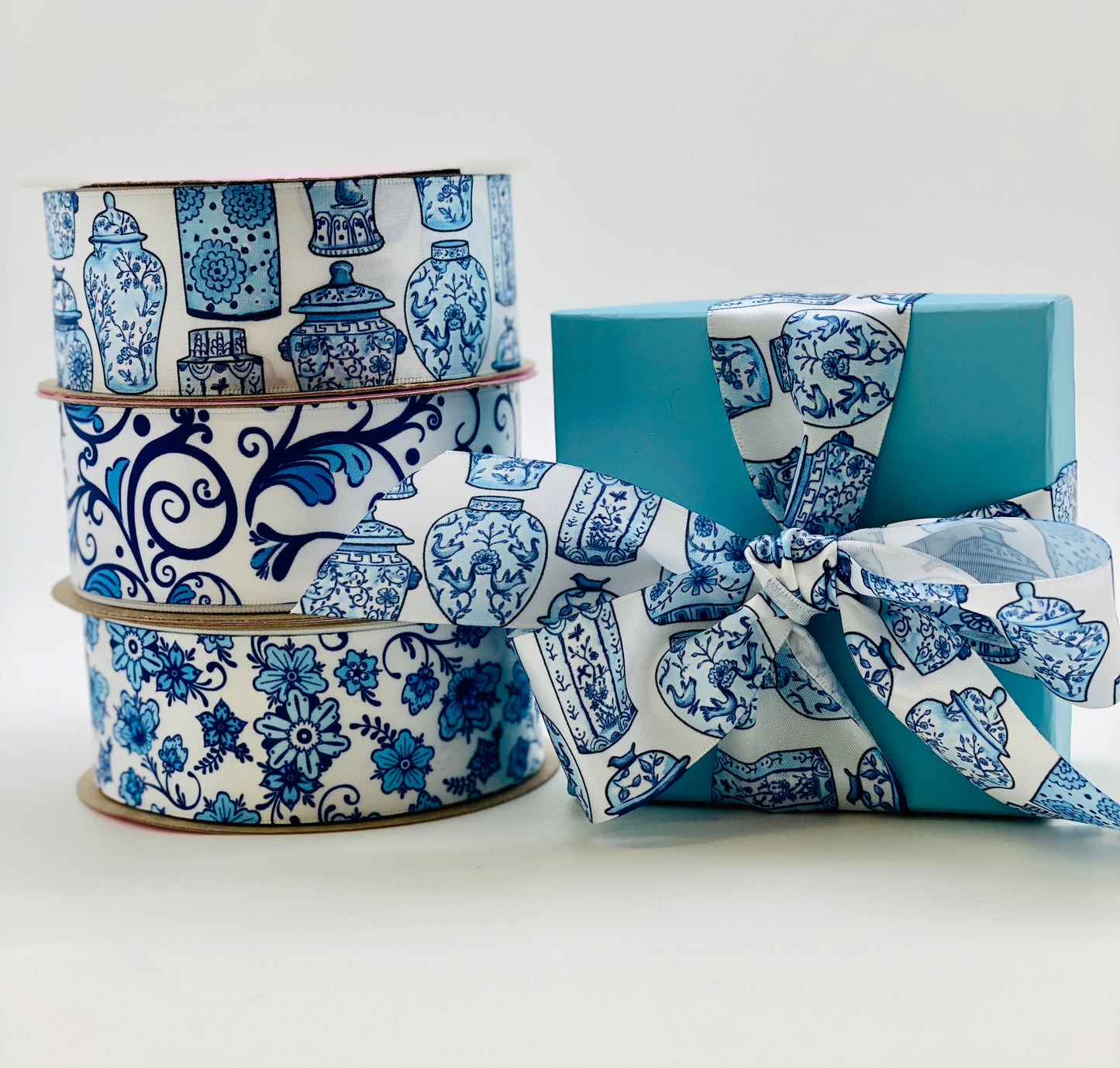 Ginger Jar ribbon in blue and white Chinoiserie style designs printed on 7/8" and 1.5" white single face satin ribbon