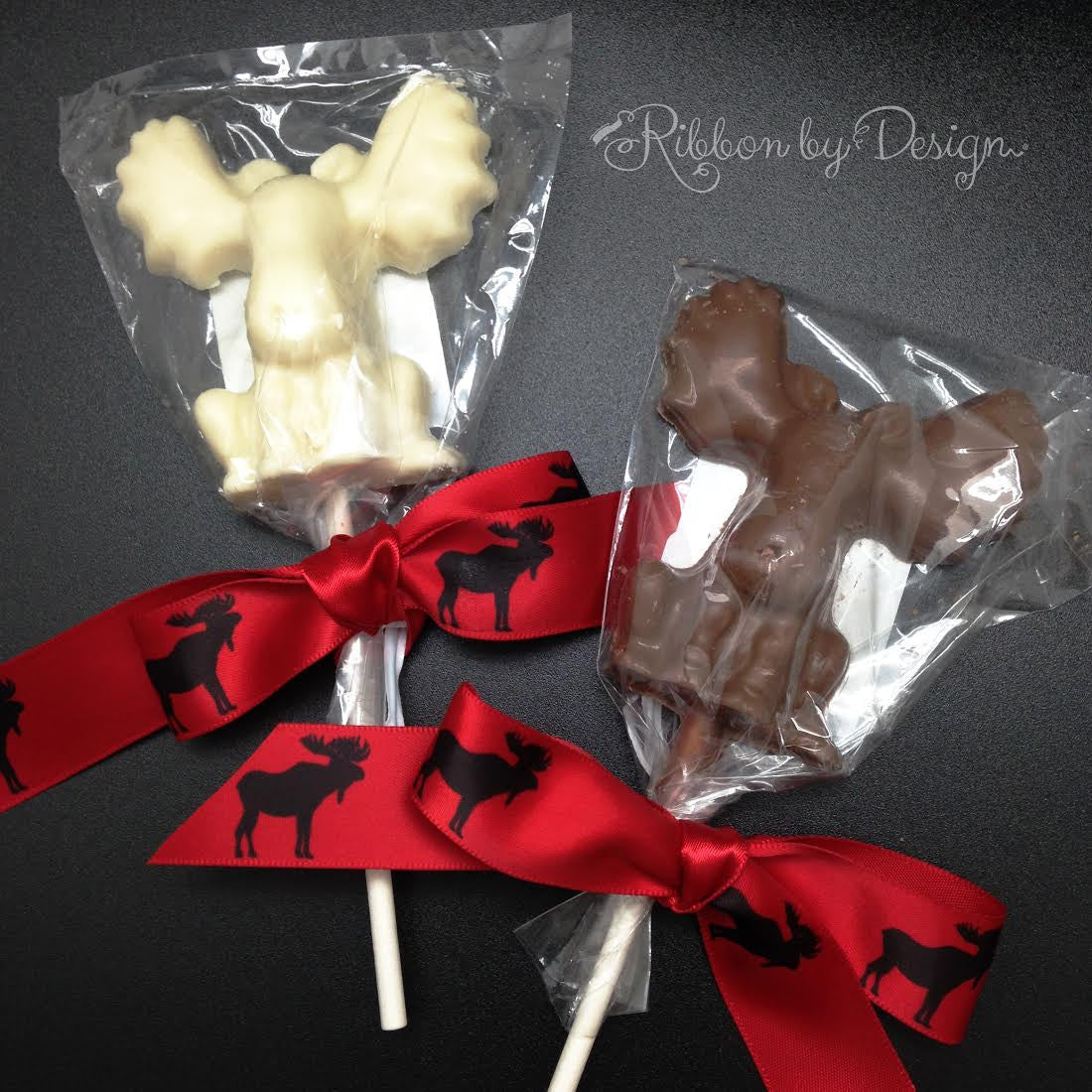 Don't forget the Chocolate Moose! We love these little chocolate moose pops dressed up in our moose ribbon! A perfect gift for Dad! Designed and printed in the USA