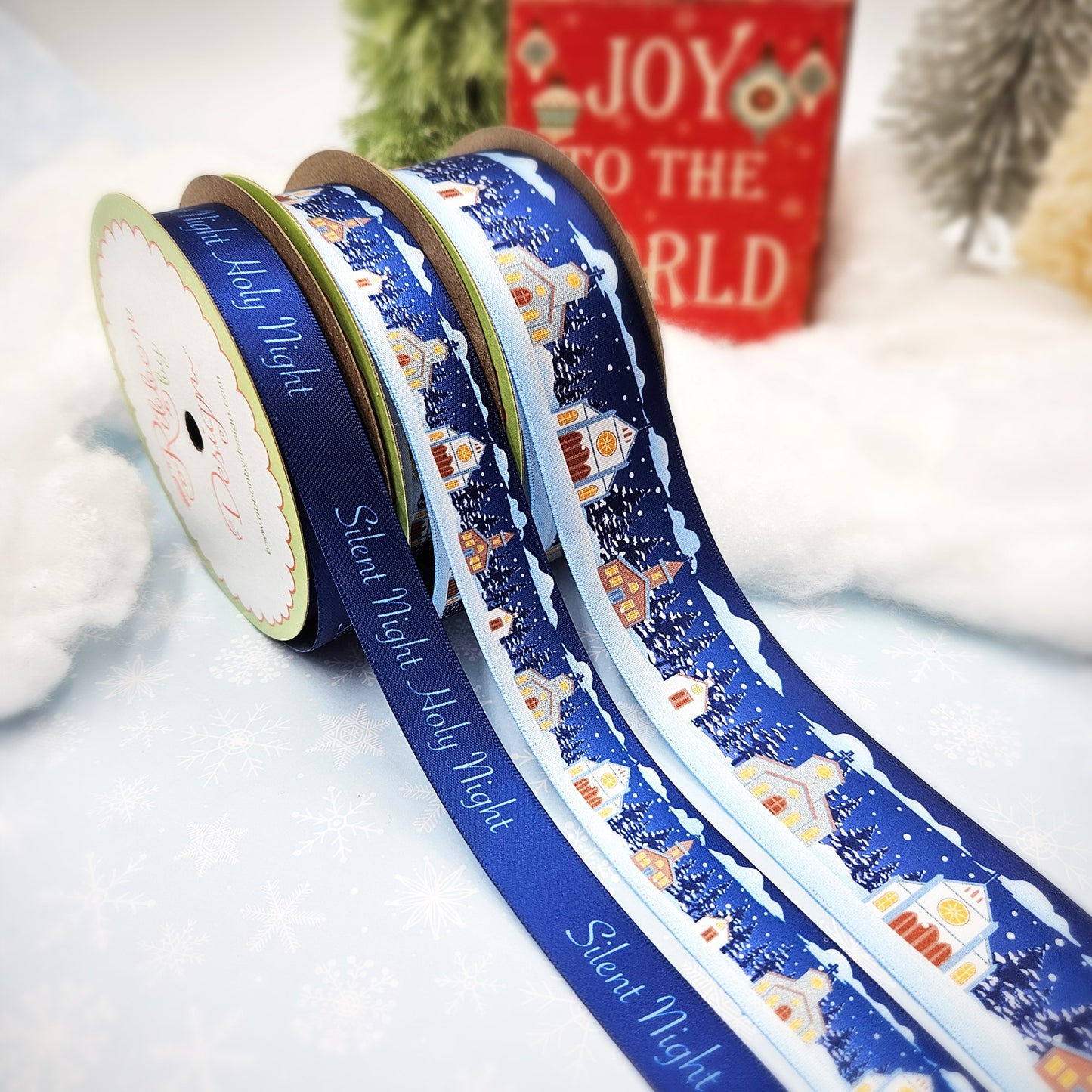 Silent Night Holy Night ribbon with light blue script on a navy blue background for gifts, favors and crafts printed on 5/8" white satin