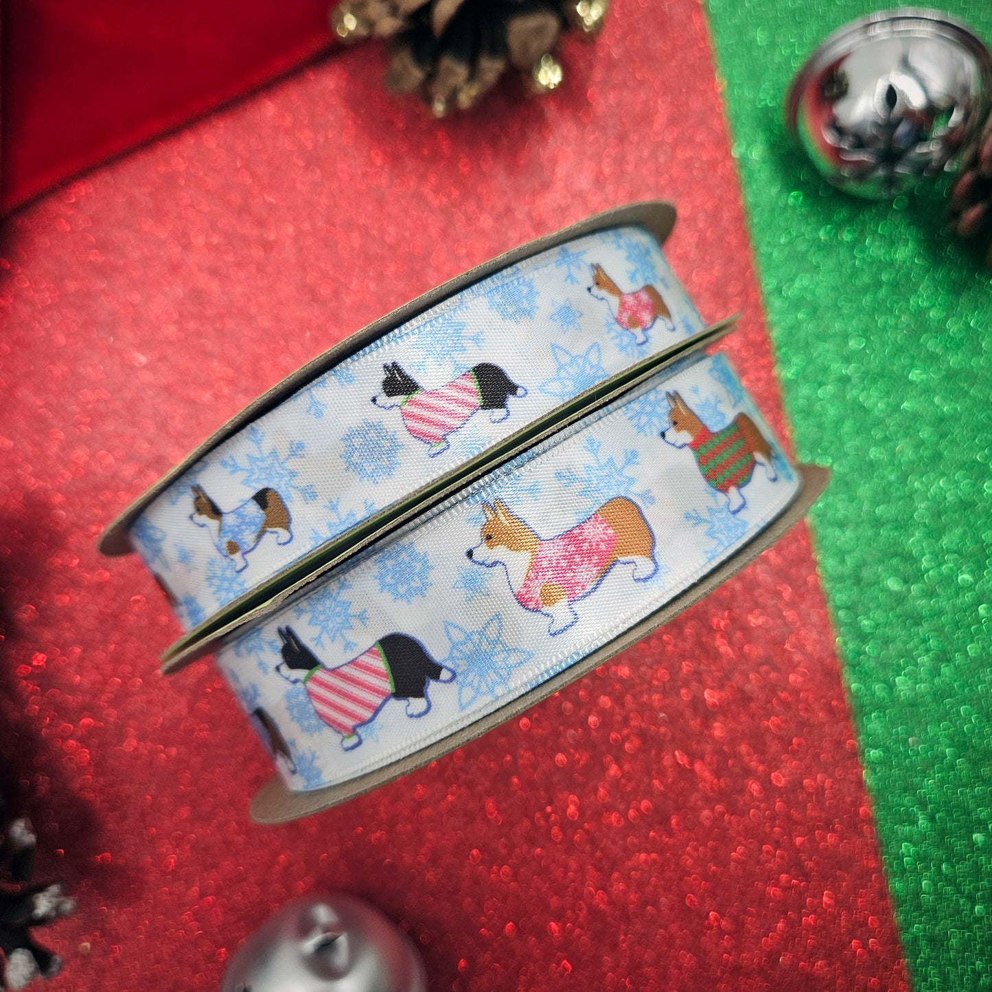 Dog Ribbon Corgi's in Holiday sweaters with snowflakes in the background printed on 5/8" and 7/8"white  single face satin