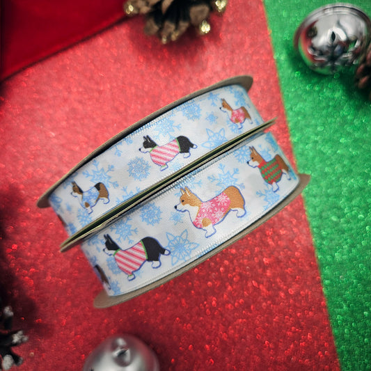 Dog Ribbon Corgi's in Holiday sweaters with snowflakes in the background printed on 5/8" and 7/8"white  single face satin