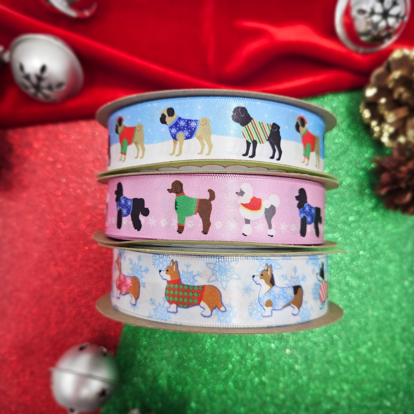 Dog Ribbon Poodles  in Holiday sweaters with snowflakes in the background printed on 5/8" and 7/8"white  single face satin