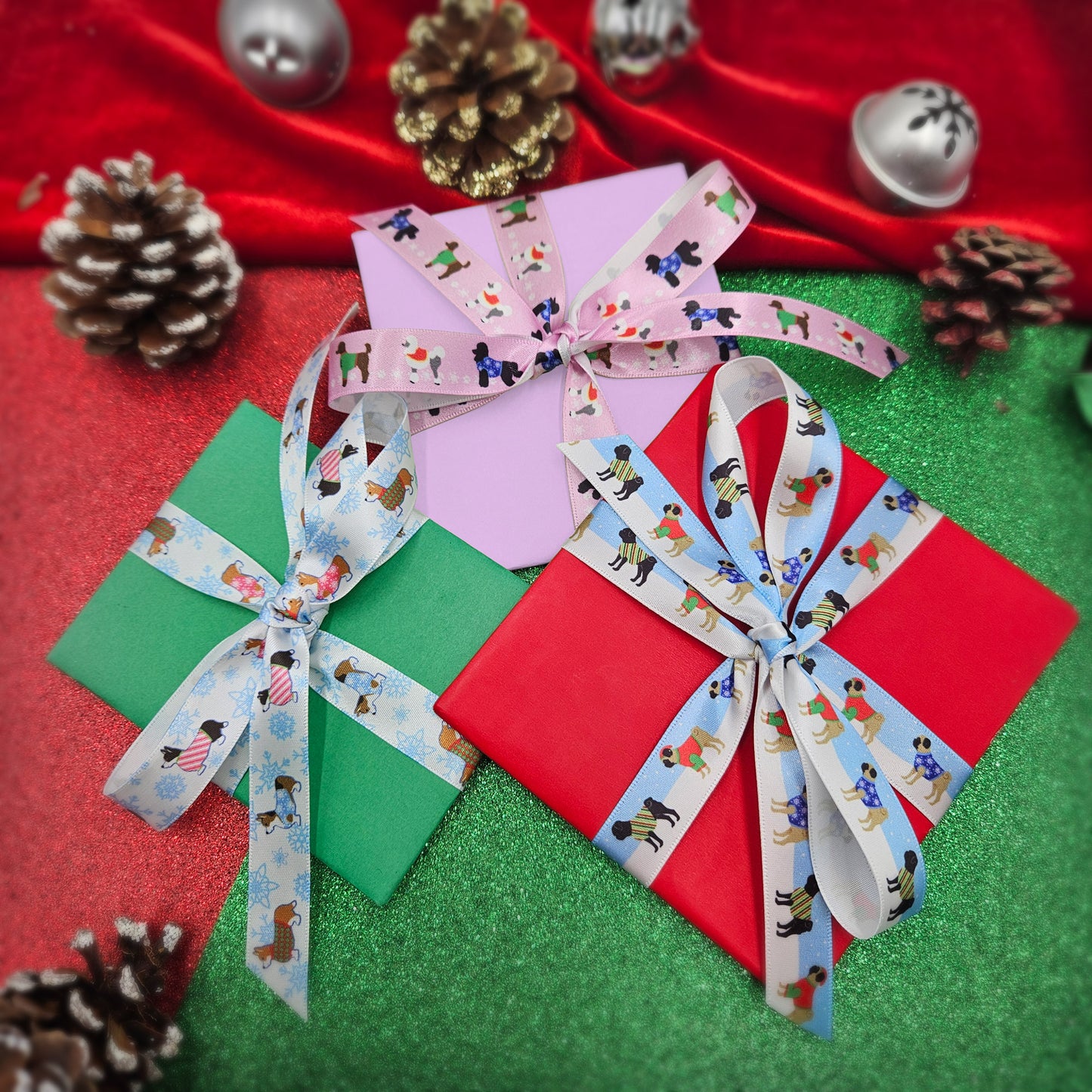 Dog Ribbon Corgi's in Holiday sweaters with snowflakes in the background printed on 5/8" and 7/8"white  single face satin