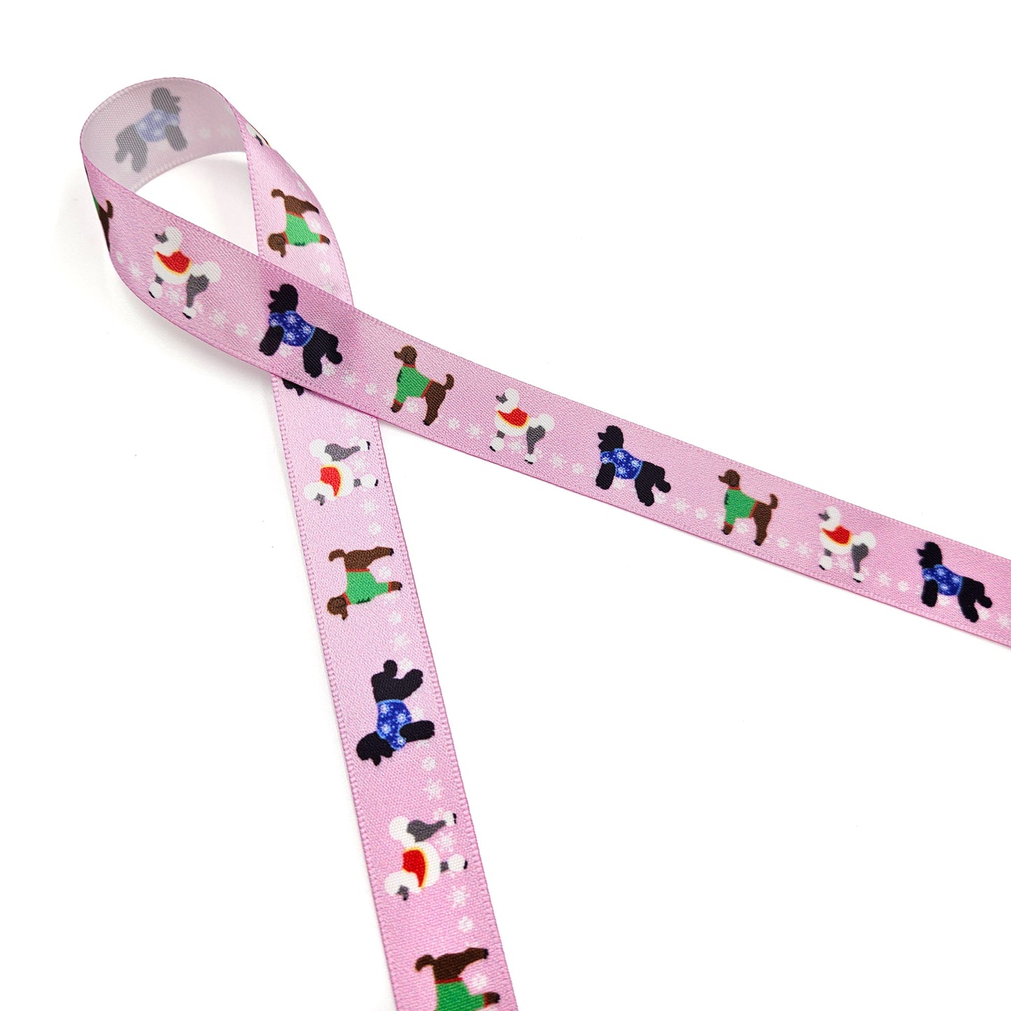Dog Ribbon Poodles  in Holiday sweaters with snowflakes in the background printed on 5/8" and 7/8"white  single face satin