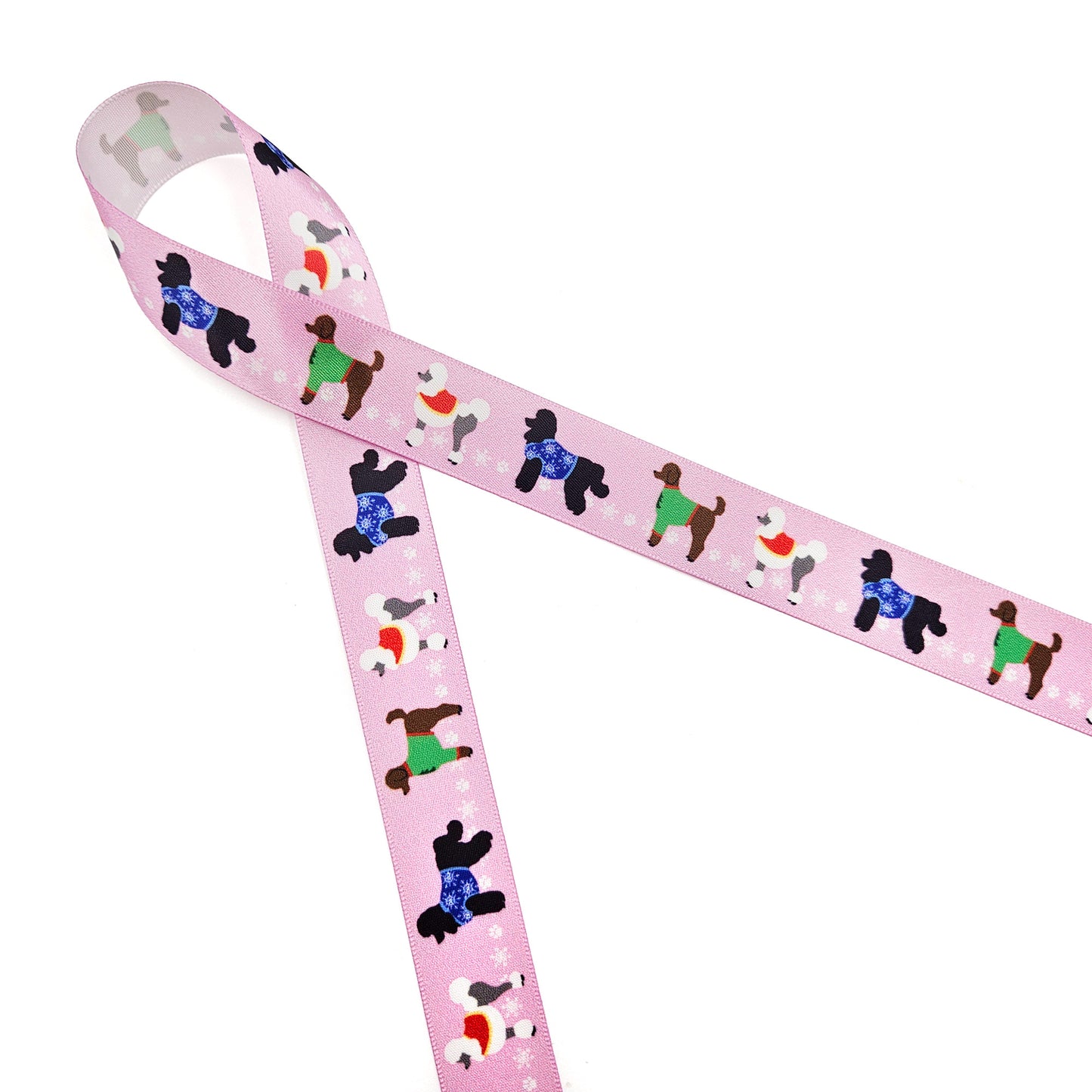Dog Ribbon Poodles  in Holiday sweaters with snowflakes in the background printed on 5/8" and 7/8"white  single face satin