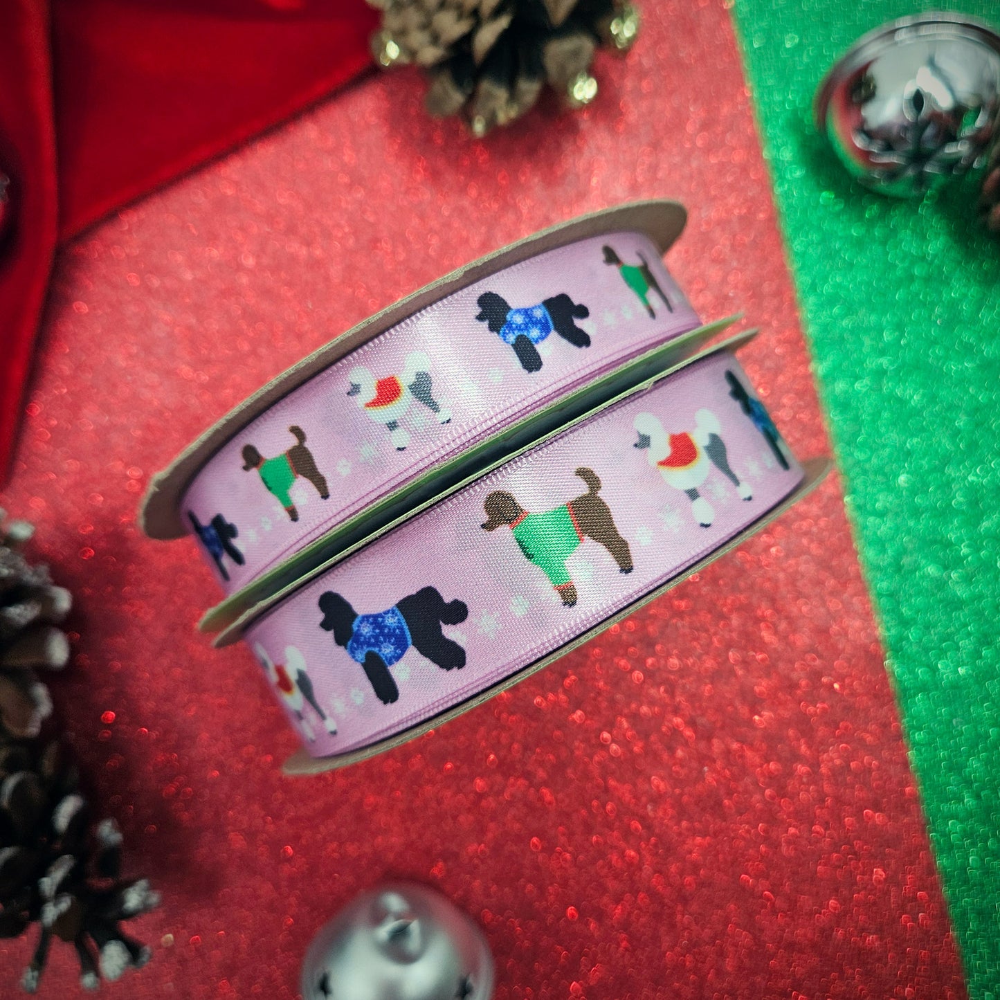 Dog Ribbon Poodles  in Holiday sweaters with snowflakes in the background printed on 5/8" and 7/8"white  single face satin