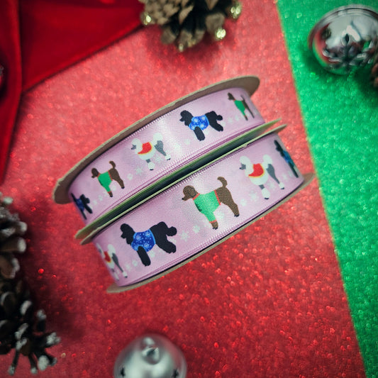 Dog Ribbon Poodles  in Holiday sweaters with snowflakes in the background printed on 5/8" and 7/8"white  single face satin