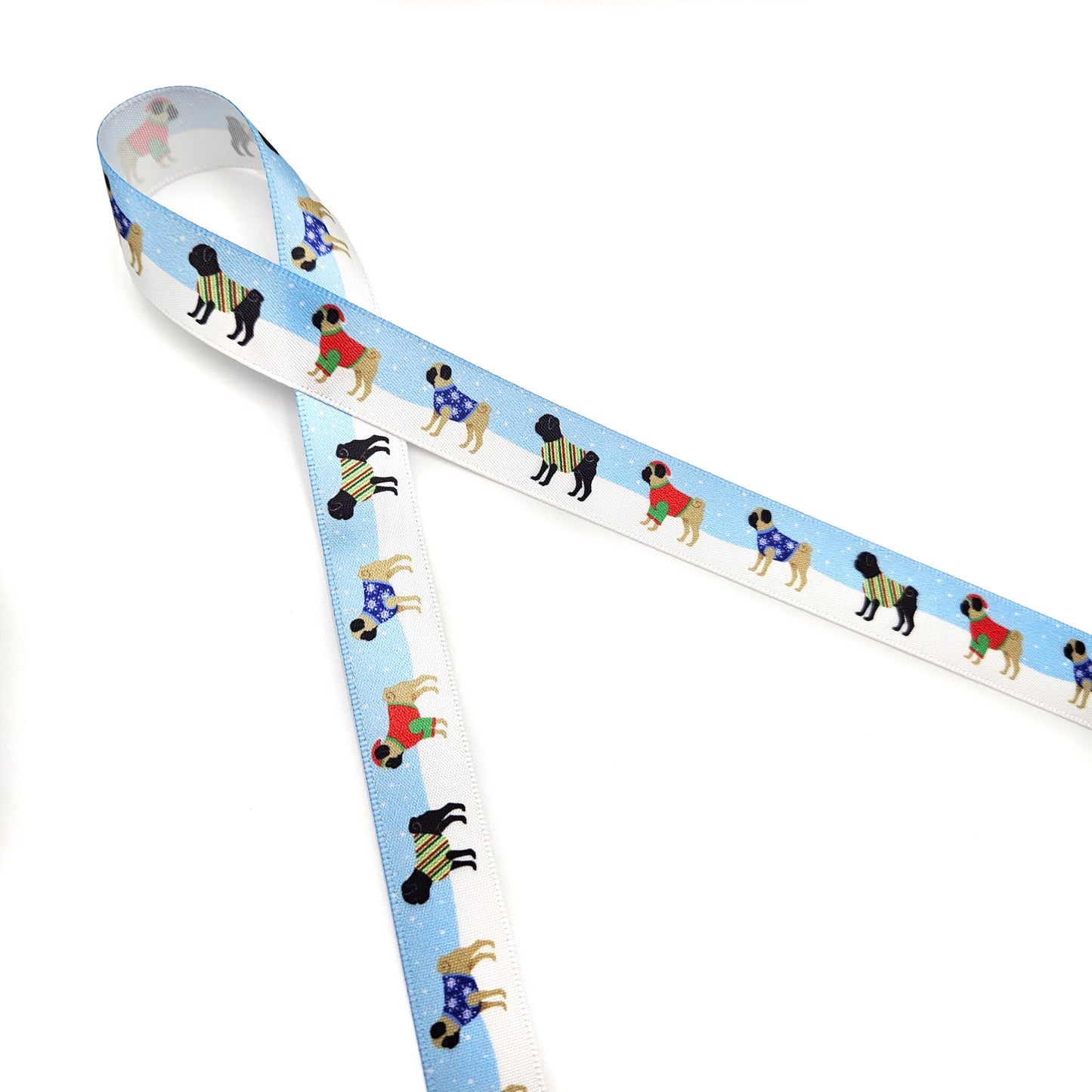 Dog Ribbon Pugs in Holiday sweaters with snowflakes in the background printed on 5/8" and 7/8"white  single face satin