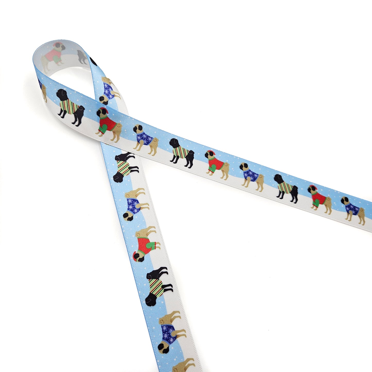 Dog Ribbon Pugs in Holiday sweaters with snowflakes in the background printed on 5/8" and 7/8"white  single face satin