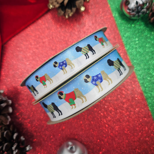 Dog Ribbon Pugs in Holiday sweaters with snowflakes in the background printed on 5/8" and 7/8"white  single face satin