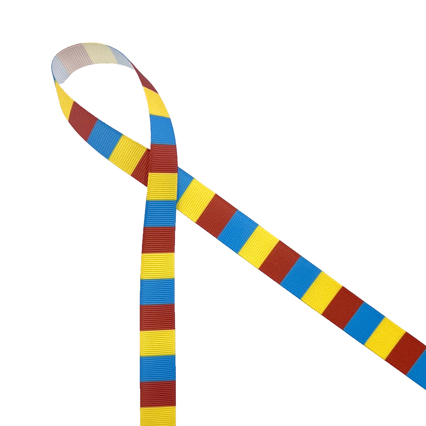 Striped ribbon in primary colors of red, yellow and blue printed on 5/8" white grosgrain