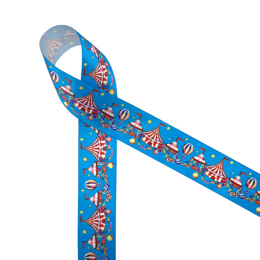 Circus tent ribbon with a red and white stripped tent, hot air balloons and yellow starts on a blue backgroud printed on 1.5" white satin