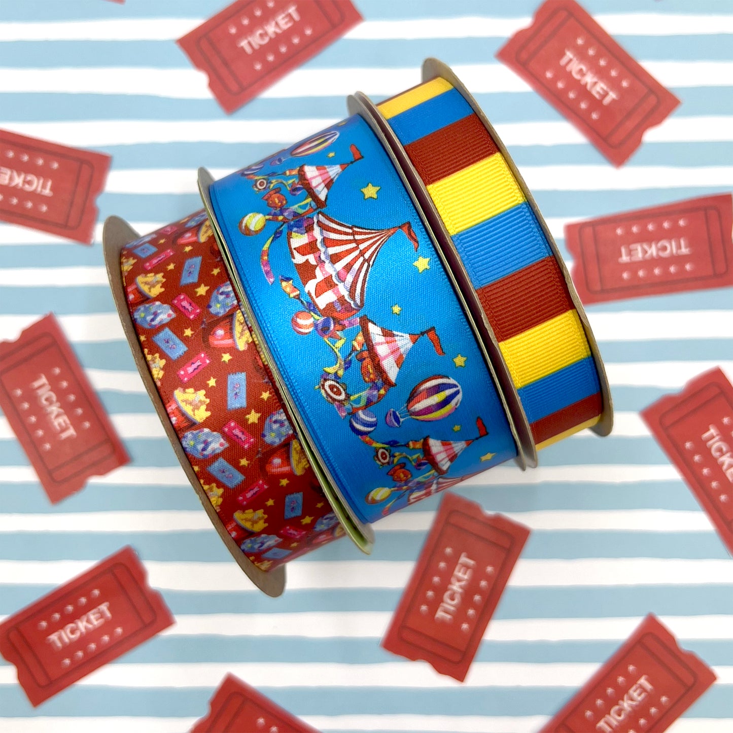 Circus tent ribbon with a red and white stripped tent, hot air balloons and yellow starts on a blue backgroud printed on 1.5" white satin