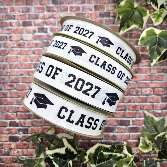 Class of 2027 Graduation Ribbon in black and white printed on 5/8" and 7/8" Satin and Grosgrain