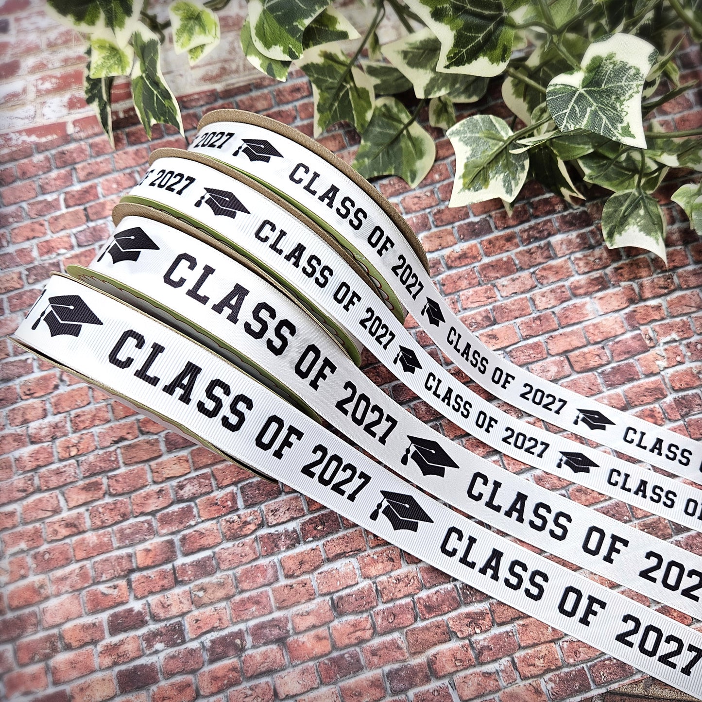 Class of 2027 Graduation Ribbon in black and white printed on 5/8" and 7/8" Satin and Grosgrain