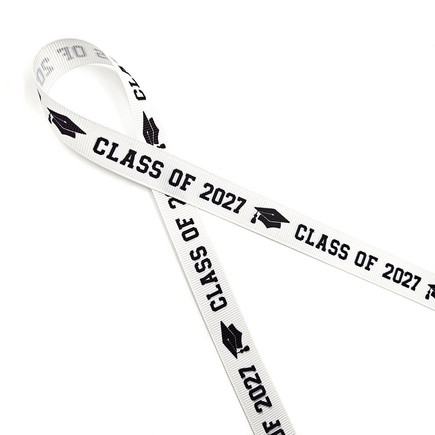 Class of 2027 Graduation Ribbon in black and white printed on 5/8" and 7/8" Satin and Grosgrain