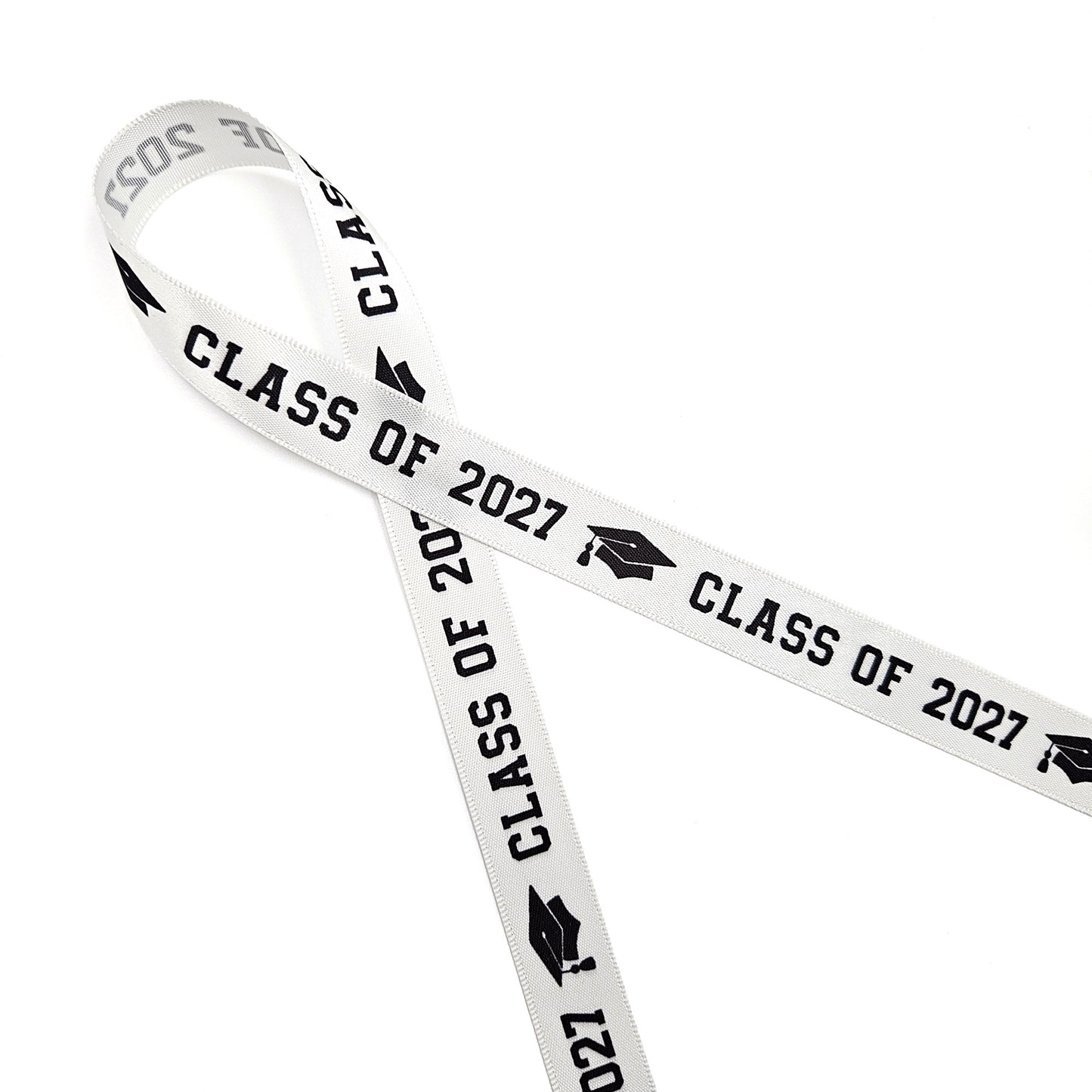 Class of 2027 Graduation Ribbon in black and white printed on 5/8" and 7/8" Satin and Grosgrain