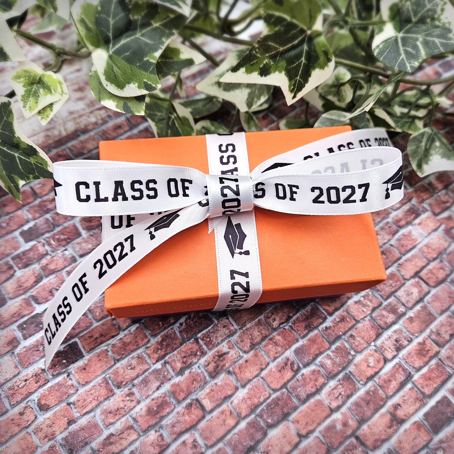 Class of 2027 Graduation Ribbon in black and white printed on 5/8" and 7/8" Satin and Grosgrain