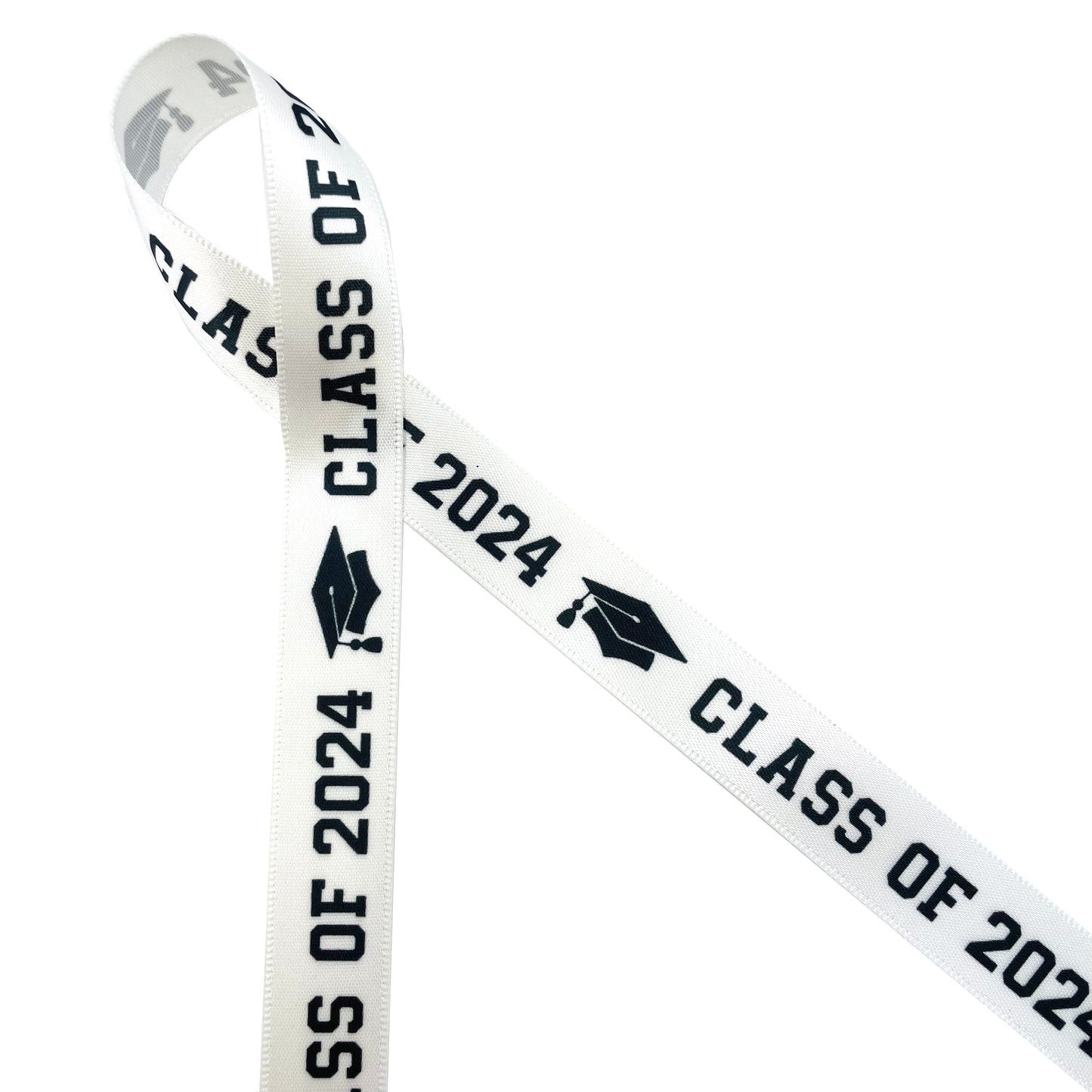 Graduation Class ribbon Class of 2024 in black with a black mortar board printed on 5/8" and 7/8" satin and grosgrain