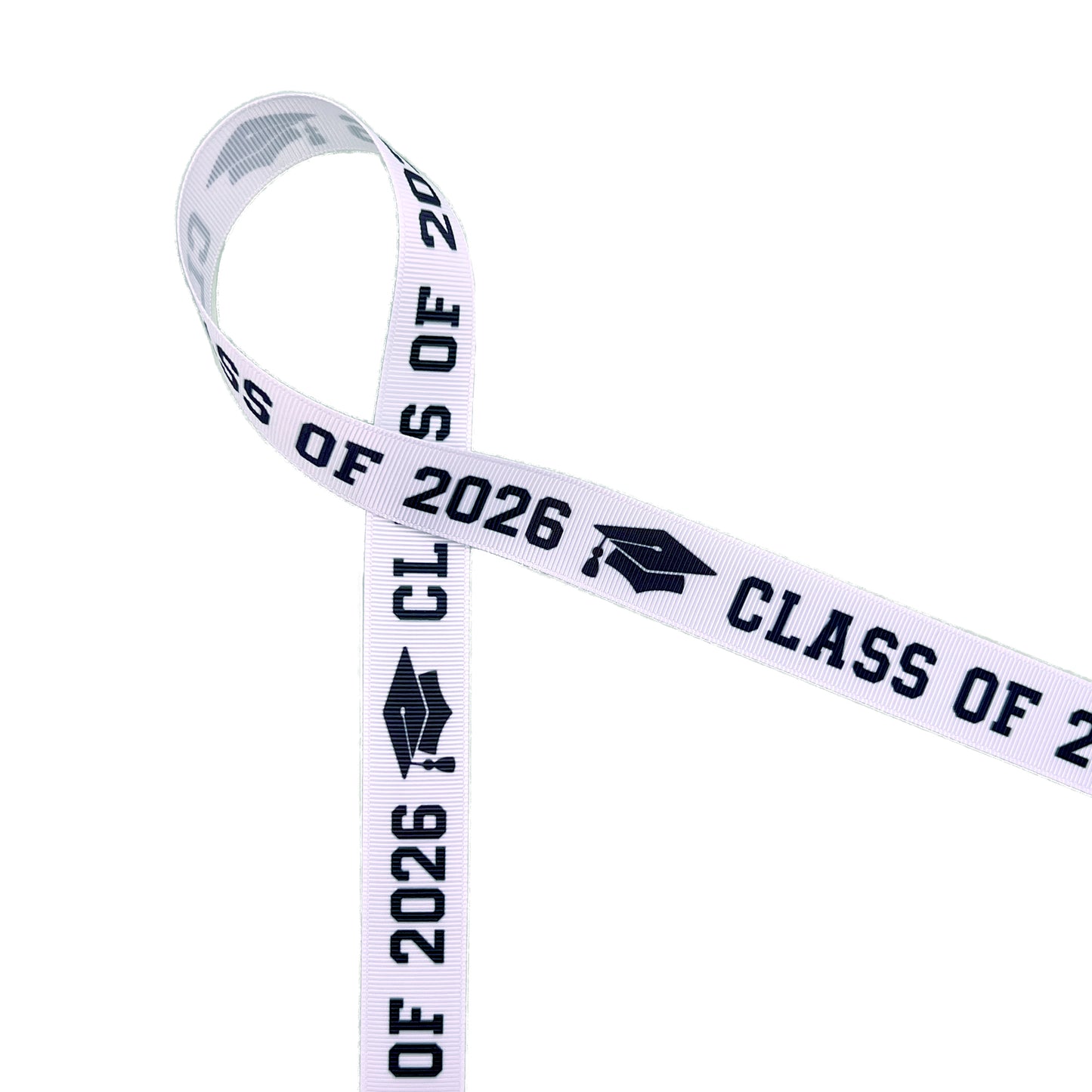Graduation Class ribbon Class of 2026 in black with a black mortar board printed on 5/8" and 7/8" satin and grosgrain