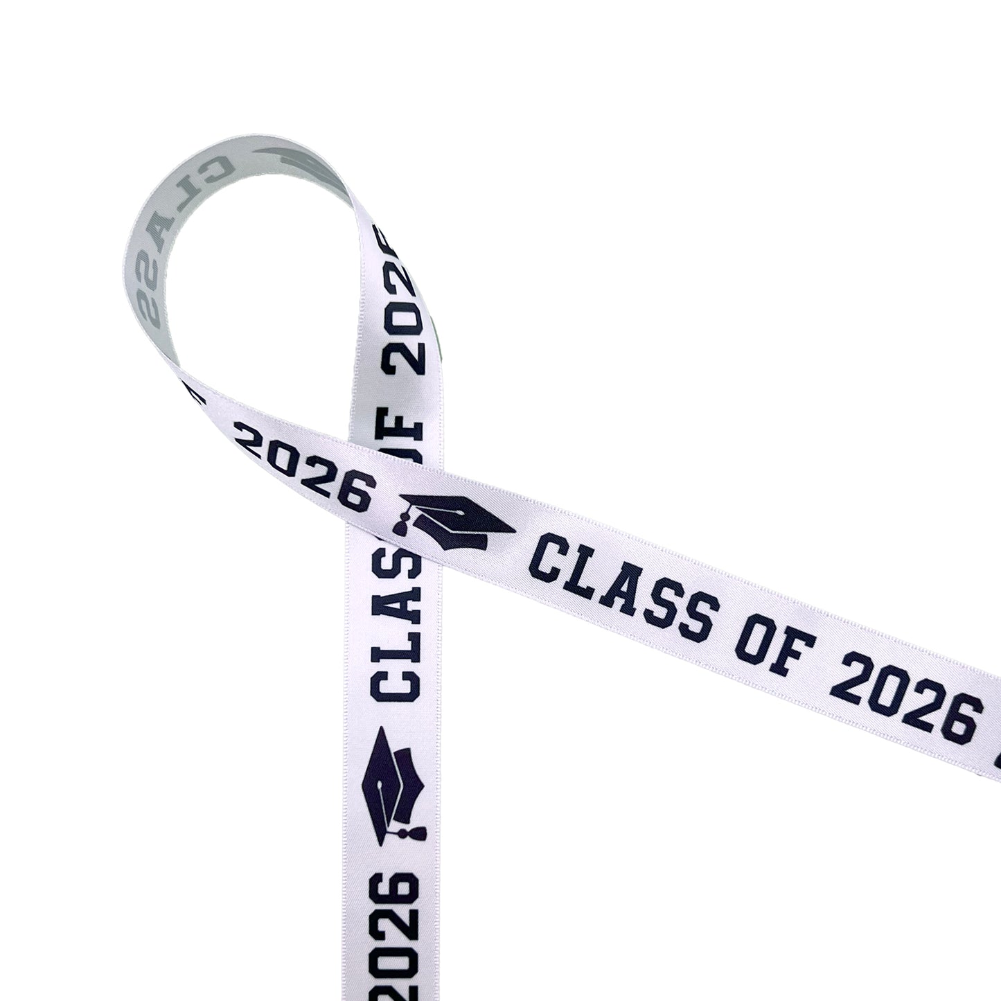 Graduation Class ribbon Class of 2026 in black with a black mortar board printed on 5/8" and 7/8" satin and grosgrain