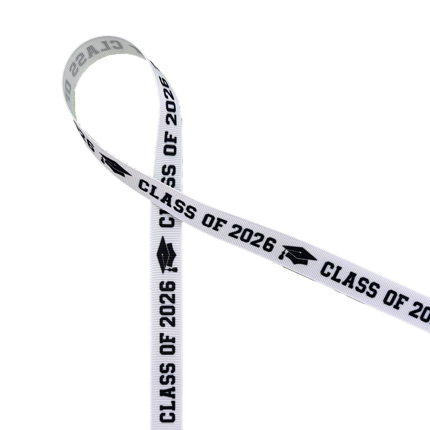 Graduation Class ribbon Class of 2026 in black with a black mortar board printed on 5/8" and 7/8" satin and grosgrain