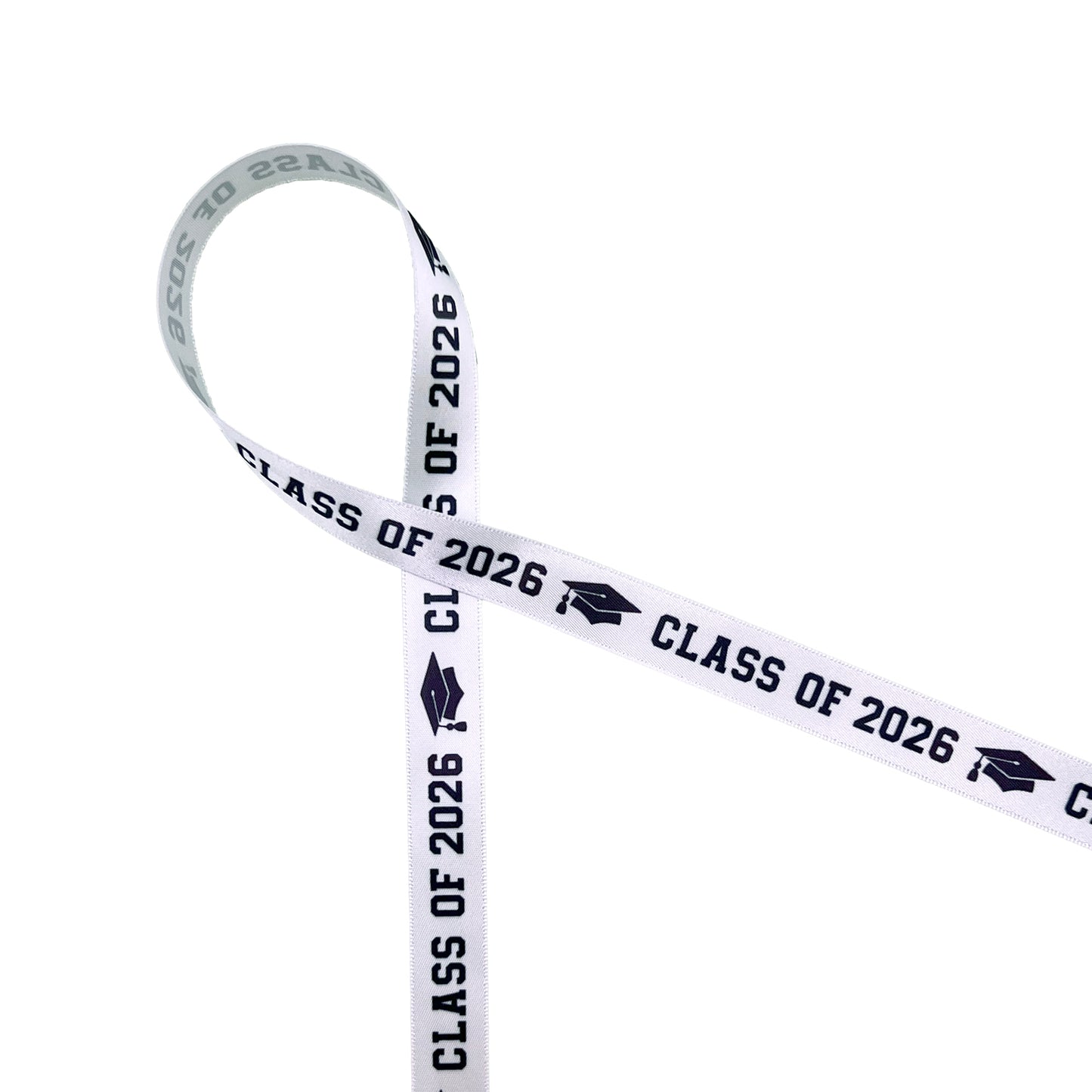 Graduation Class ribbon Class of 2026 in black with a black mortar board printed on 5/8" and 7/8" satin and grosgrain