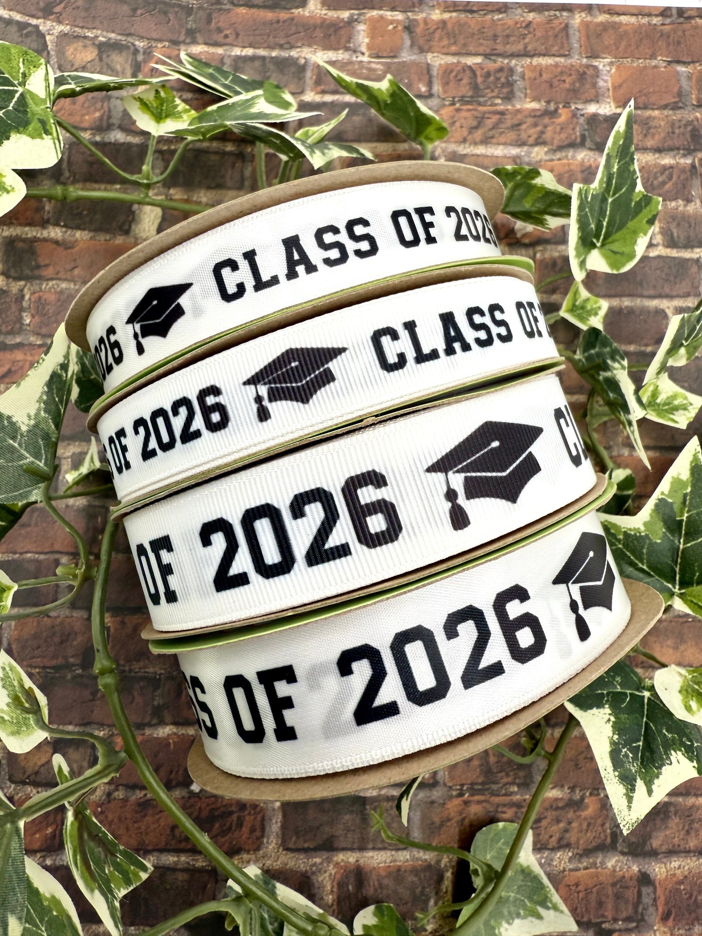 Graduation Class ribbon Class of 2026 in black with a black mortar board printed on 5/8" and 7/8" satin and grosgrain