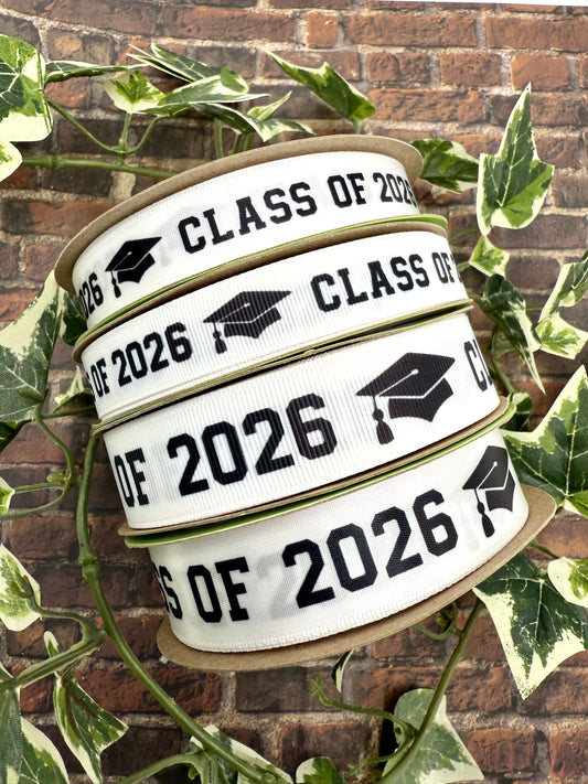 Graduation Class ribbon Class of 2026 in black with a black mortar board printed on 5/8" and 7/8" satin and grosgrain