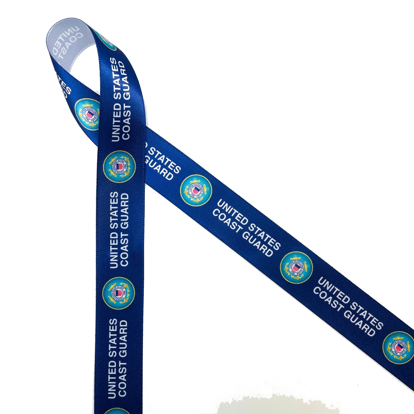 United States Coast Guard Logo Ribbon with a blue background on 5/8"and7/8" white single face satin ribbon