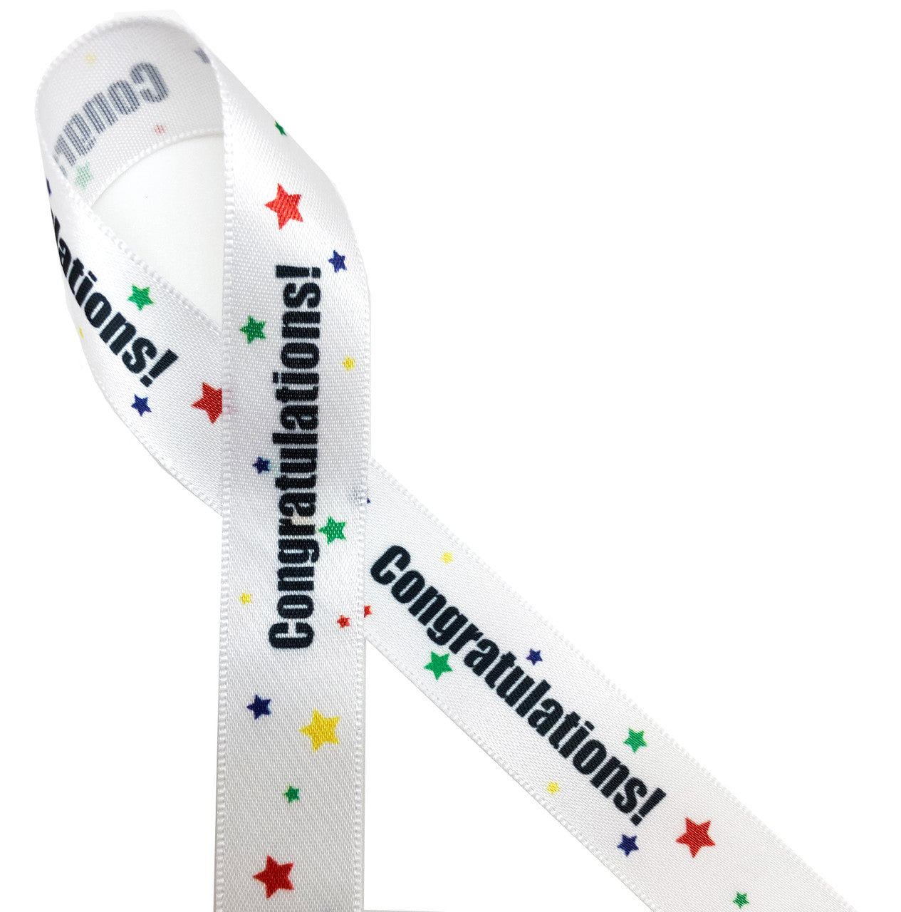 Congratulations in black on a colorful star studded background is a fun ribbon for any celebratory occasion!