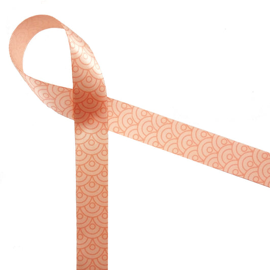 Fish Scales in coral on 78/" Lt. Peach Single Face Satin ribbon, 10 yards