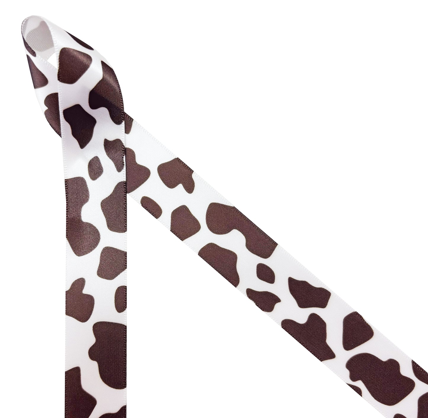 Cow print ribbon brown and white, printed on 7/8" and 1.5" satin and grosgrain