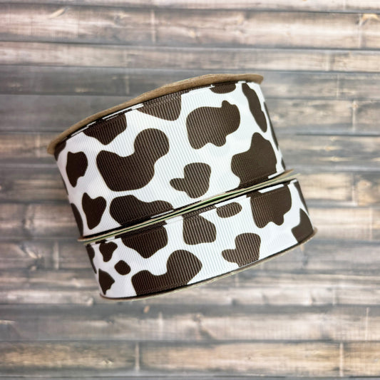 Cow print ribbon brown and white, printed on 7/8" and 1.5" satin and grosgrain