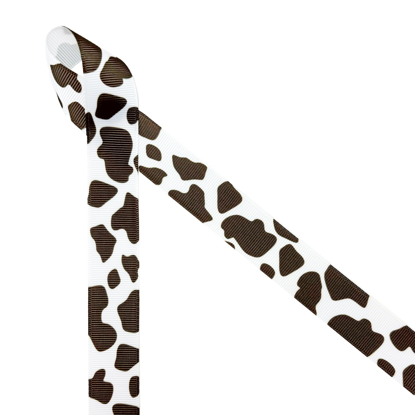 Cow print ribbon brown and white, printed on 7/8" and 1.5" satin and grosgrain