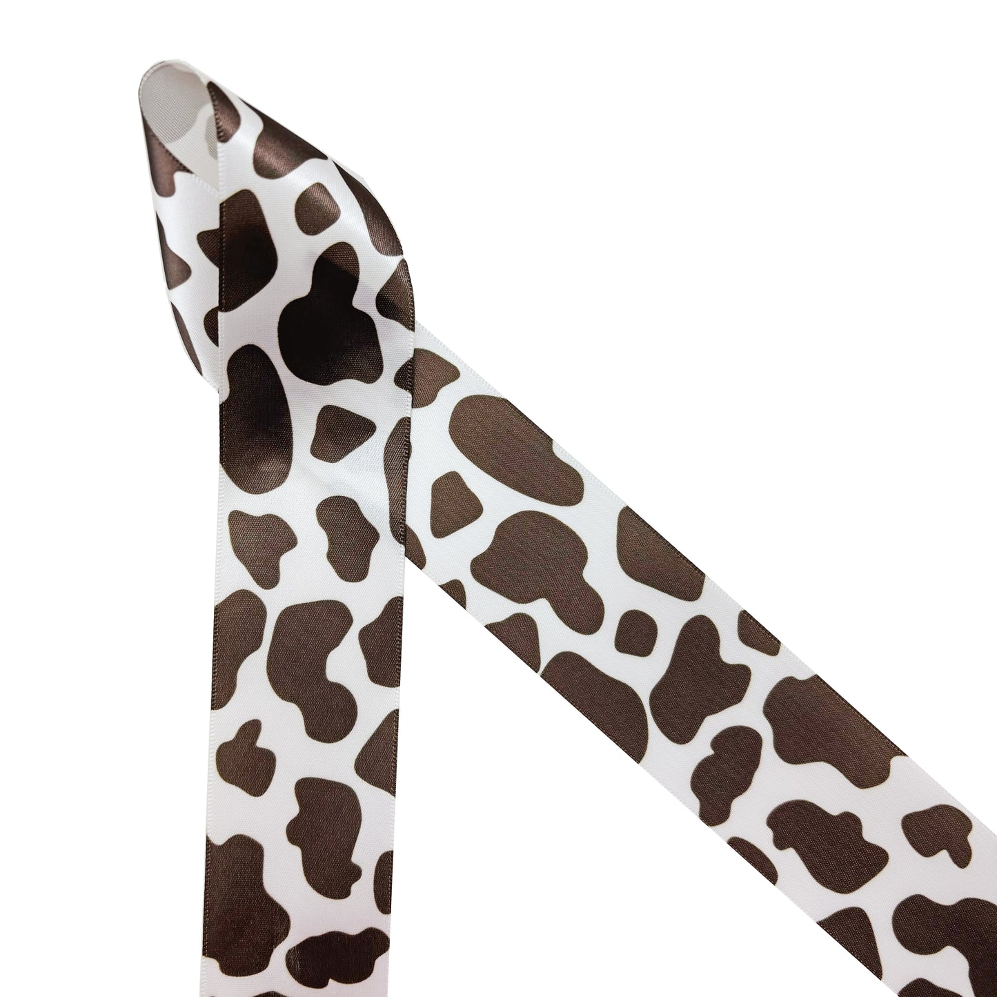 Cow print ribbon brown and white, printed on 7/8" and 1.5" satin and grosgrain