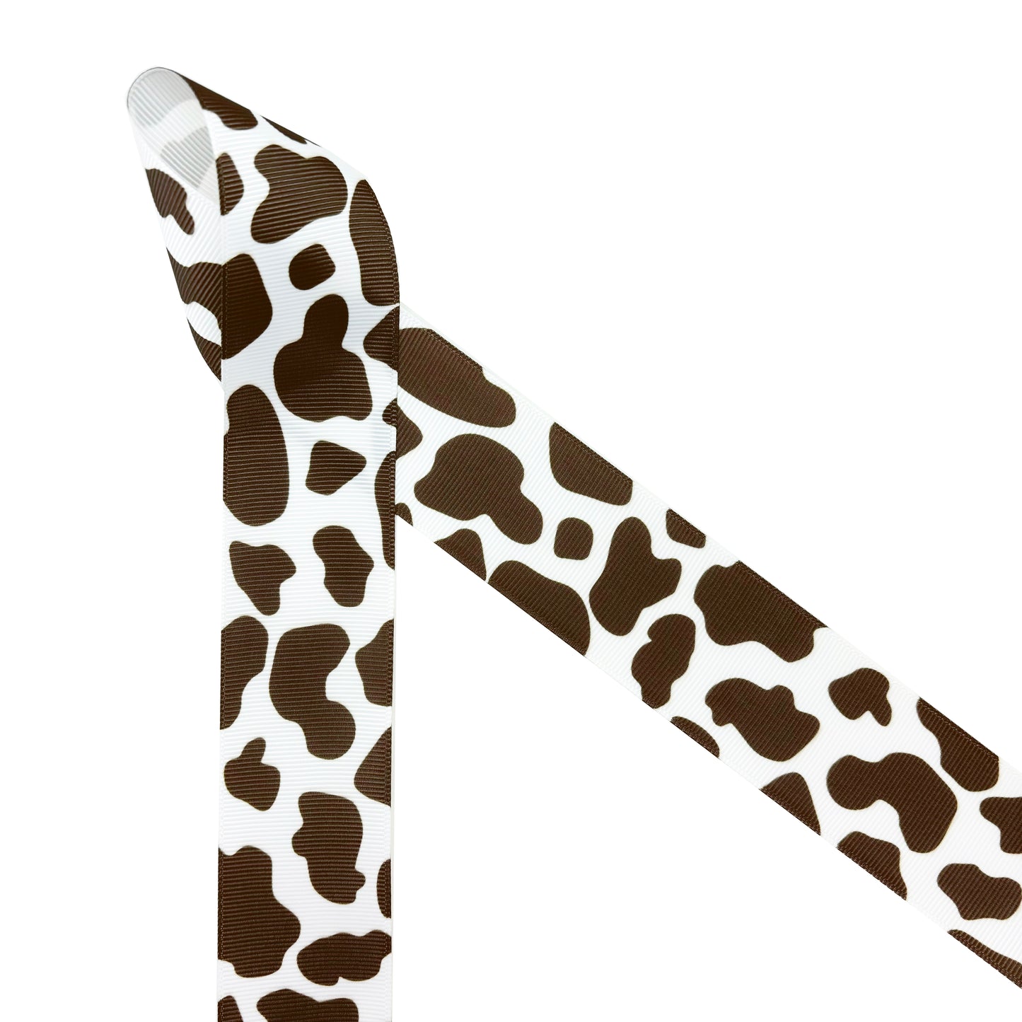 Cow print ribbon brown and white, printed on 7/8" and 1.5" satin and grosgrain