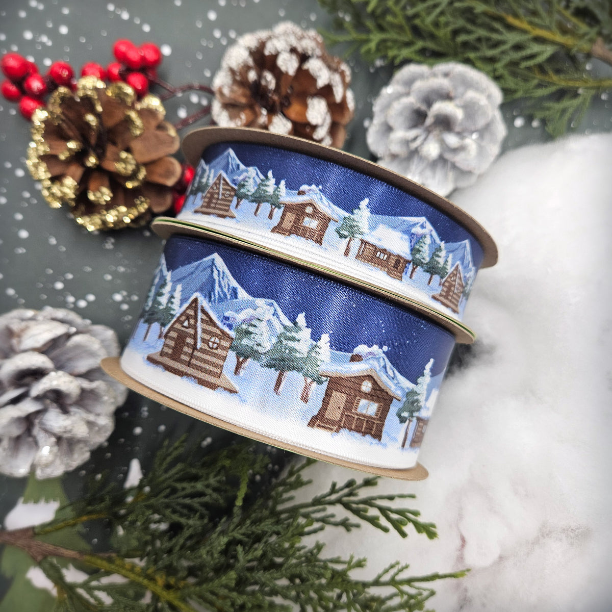 Cozy Cabins ribbon Log cabins in the snow printed on 7/8" and 1.5" white satin